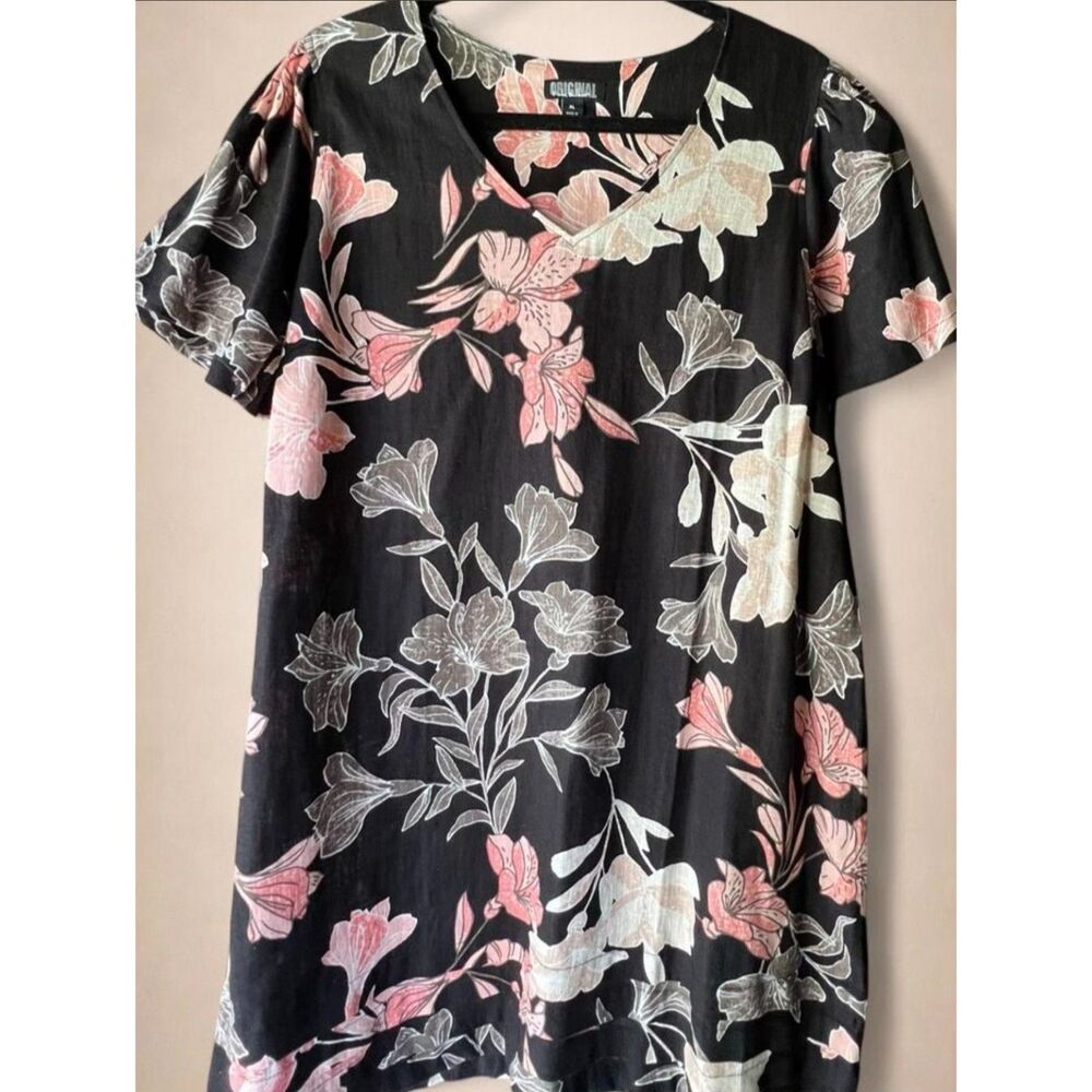 Original Nicole Miller Linen Blend Floral Dress Black Pink XL Knee Length